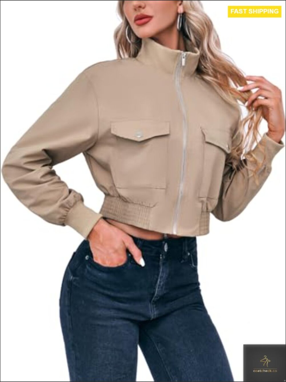 Cropped Bomber Jacket Lightweight Zip Up Stand Collar Casual Streetwear Chic - Picture 2 of 7